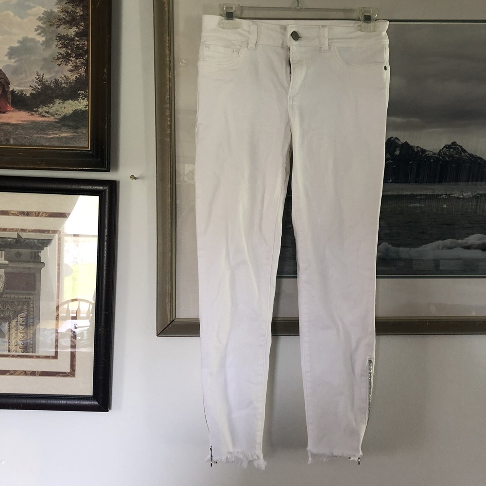 DL1961 Florence Instasculpt Cropped Raw Hem Zip Ankle White Skinny Jeans Sz 24